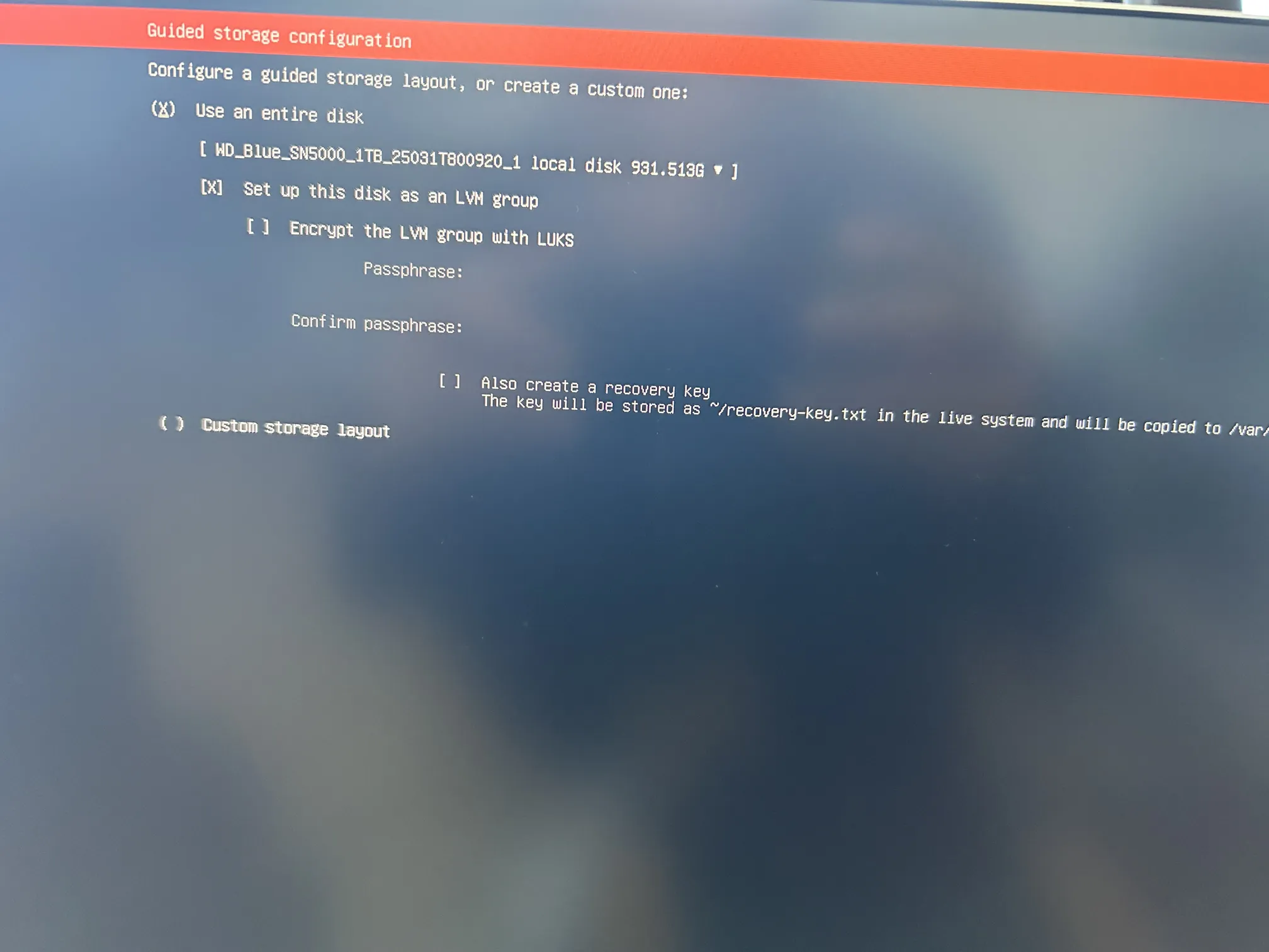 Storage Configuration Screen 1
