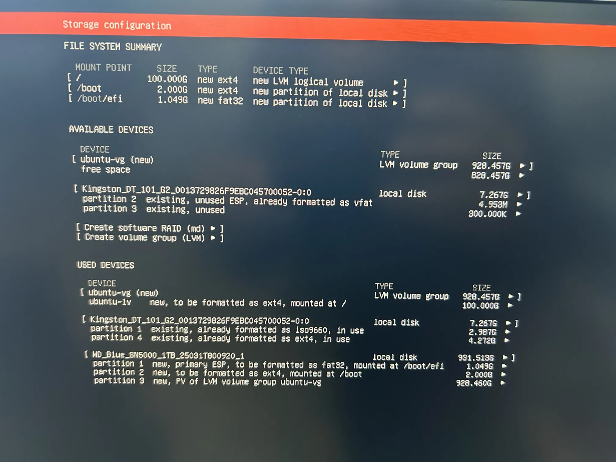 Storage Configuration Screen 2